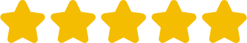 Five gold star rating on black background