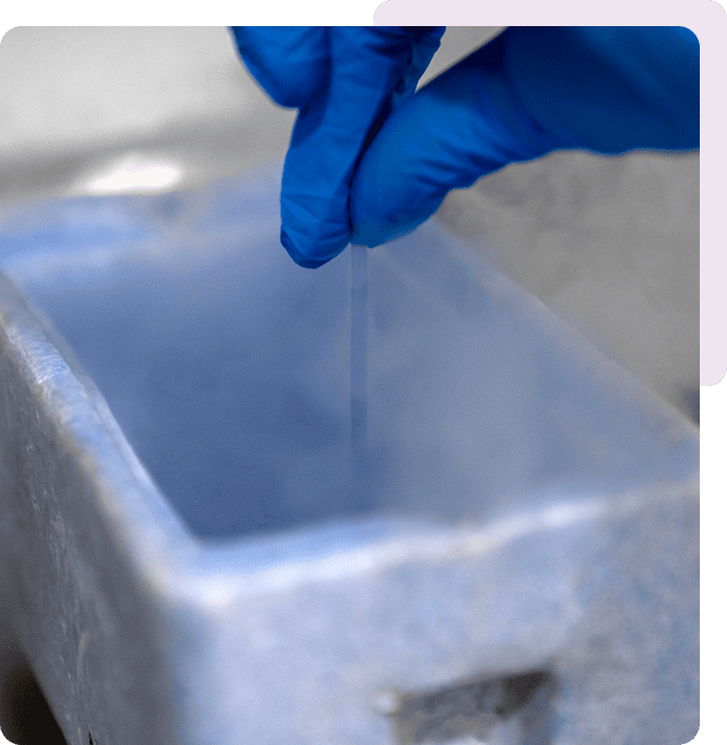 Blue glove holding a frozen vial
